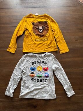 2 Sz 6-8Y H&M cotton long sleeve tees Kelzuki Animalia Brown Bear Sesame Street